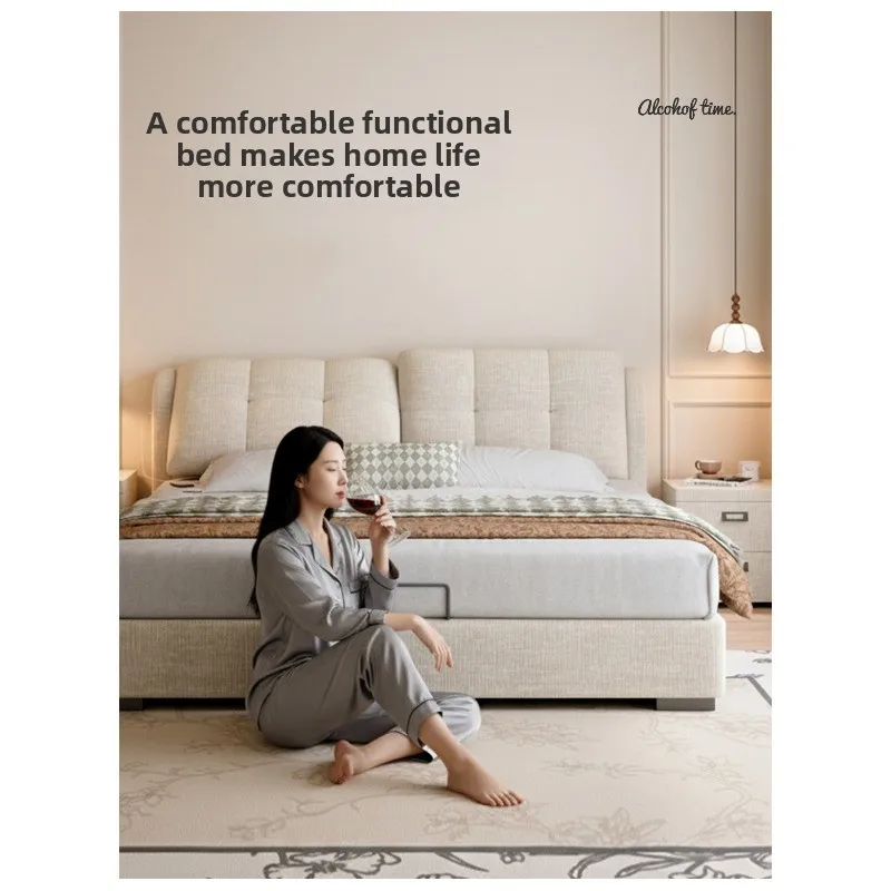 French cream-style cream puff fabric bed, master bedroom flush double multifunctional adjustable soft chenille storage bed