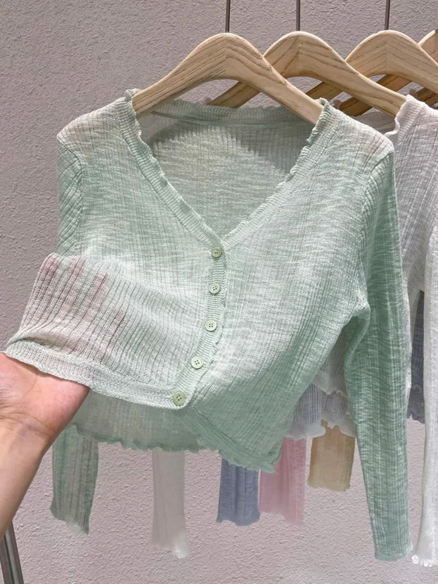

Защита от солнца Вязаный кардиган из ледяного шелка Тонкий летний оulder Baring Wrap Outer irt Small Cannon Jaet Корейский Sle V-ne...