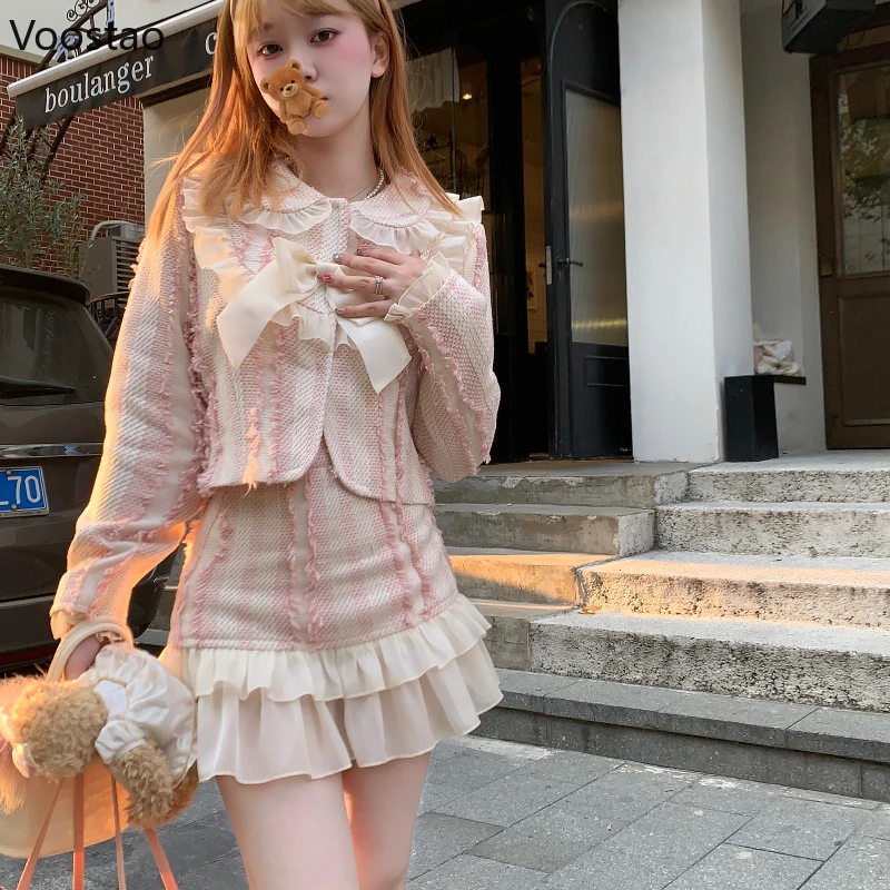 Elegant 2 Piece Set Women Patchwork Bow Pink Coats Short A-line Skirts Female Vintage Casual Sweet Mini Skirt Suit Autumn Winter