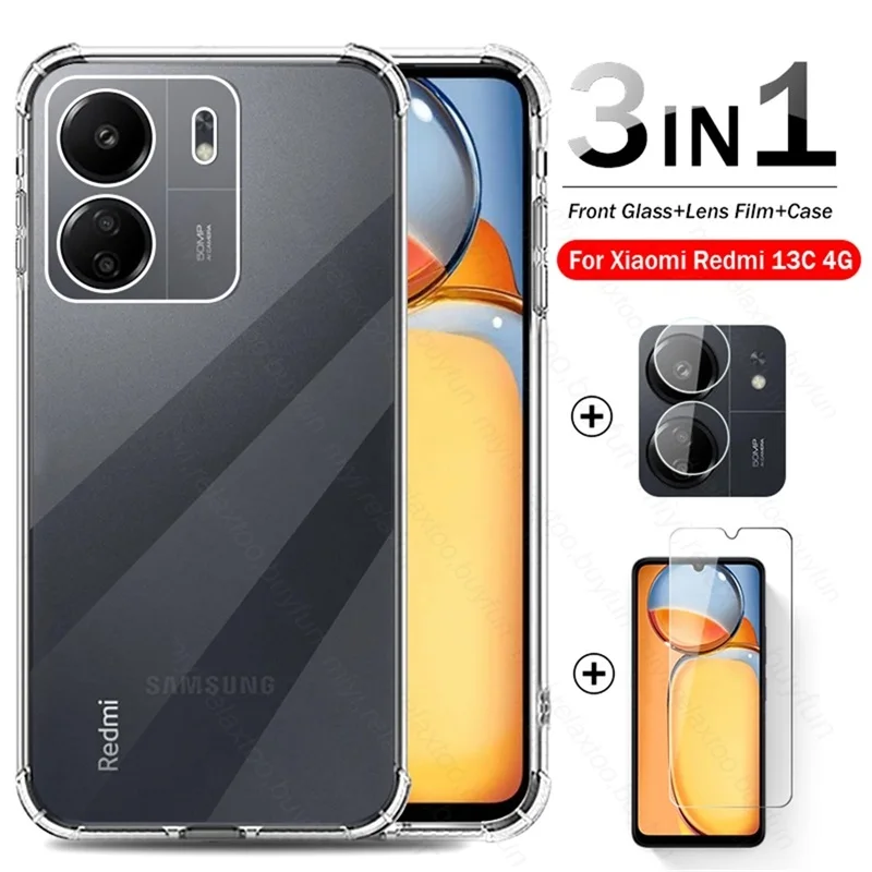 3To1 Redmi13C 4G Case + Camera Lens Screen Protector Tempered Glass For Xiaomi Redmi 13C 13 C C13 4G 2023 TPU Soft Protect Funda