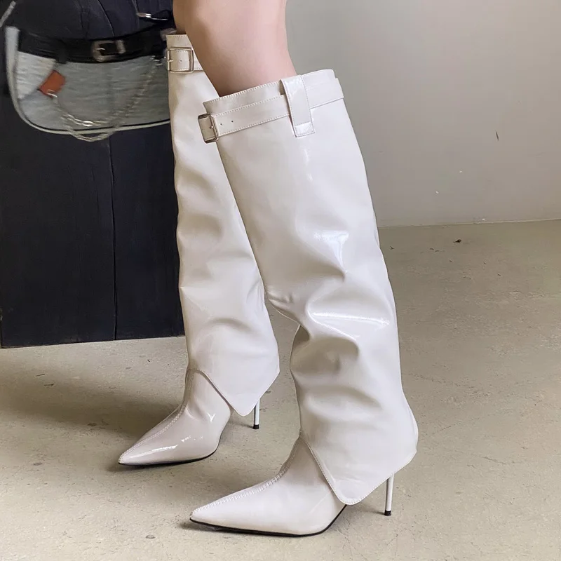 Aneikeh 2026 Autumn Patent Leather Boots Solid Rome Women Shoes Pointed Toe Leisure Women Thin Heels Belt Buckle Boots Knee-High