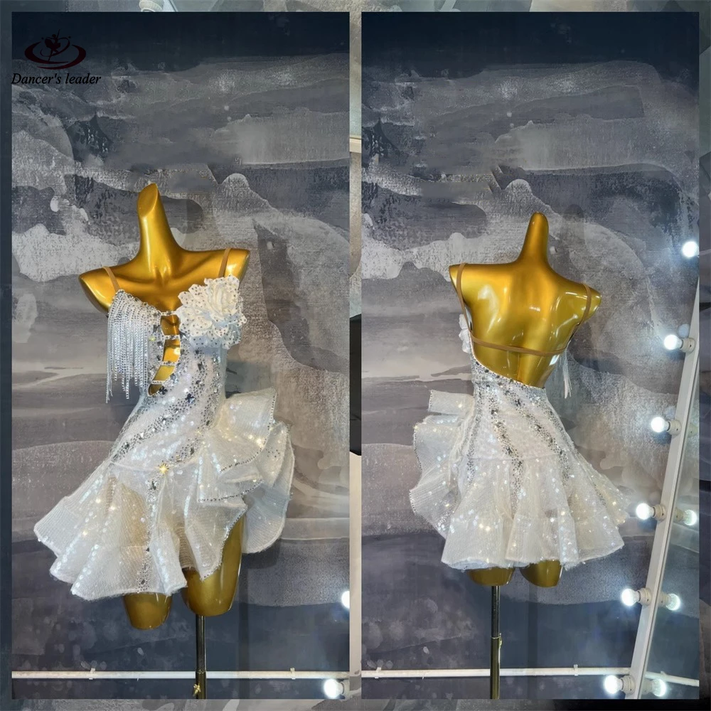 

Платье для латинских танцев, высококачественная белая сетчатая юбка из рыбьей кости на заказ, самба, танго, женская сценическая профессиональная одежда для взрослых