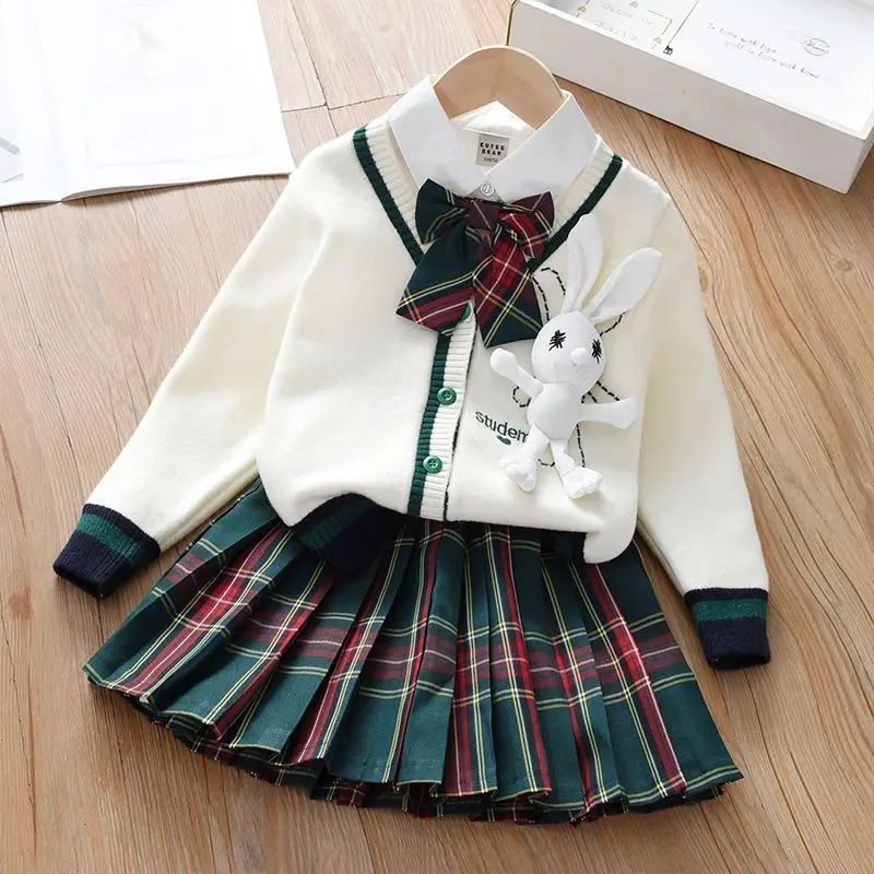 Girls Autumn Clothing JK Suit College 2022 New Western Style Children's Cardigan Coat Shirt Pleated Skirt Three-Piece Set