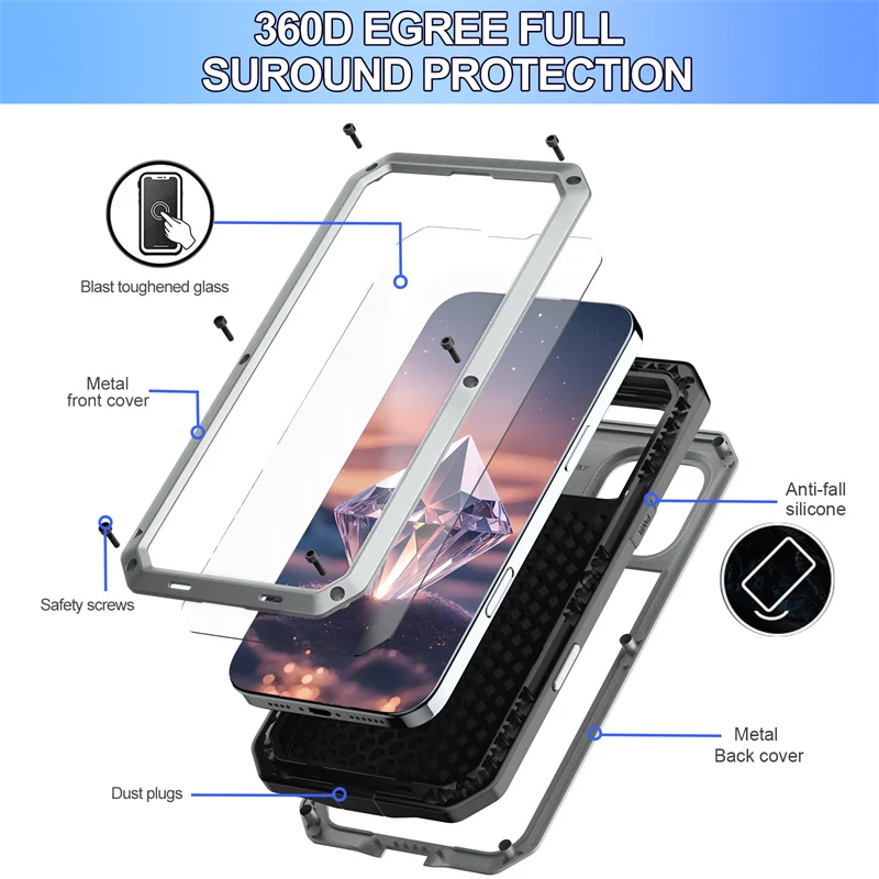 For iPhone 16 15 14 13 12 11 Pro Max X XR 8 7 Plus Aluminum Metal Tank Case Heavy Duty Shockproof Rugged Armor Cover Screen Film