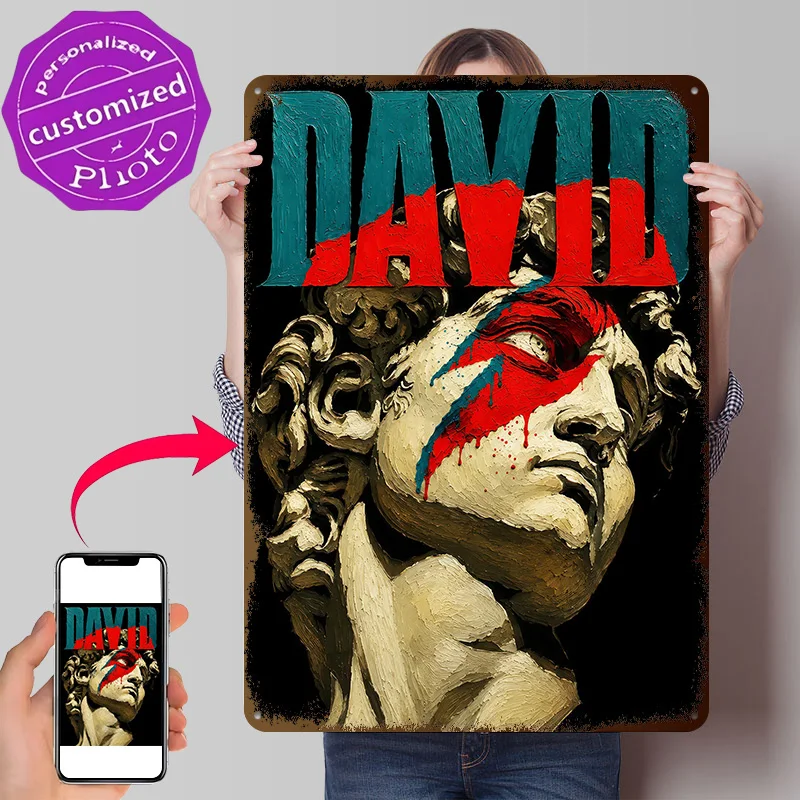 David Bowie Statue With Lightning Bolt Metal Poster Perfect Gift for Fans Lovers Personalized Wall Art Metal Sign for Room Decor
