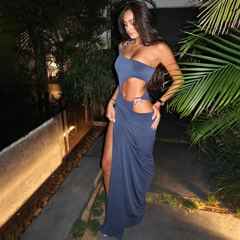 

Elegent Metal Buckle Maxi Dress Women Irregular Hollow Split One Shoulder Skinny Ruched Waistless Midnight Clubwear Slim Bodycon