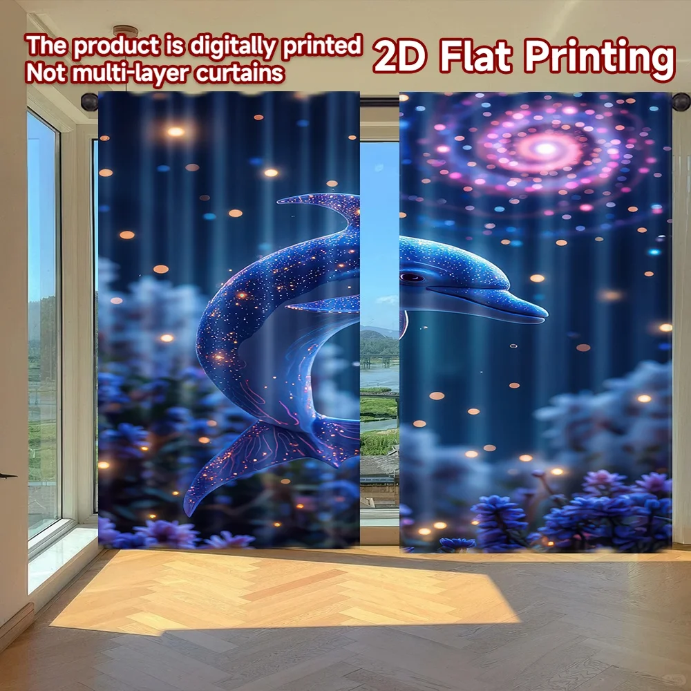 

2D flat printing 2pcs Scene Curtains Galaxy Dolphin Magic Digital Printed Polyester Drapes Family Party Use for Photo Booths