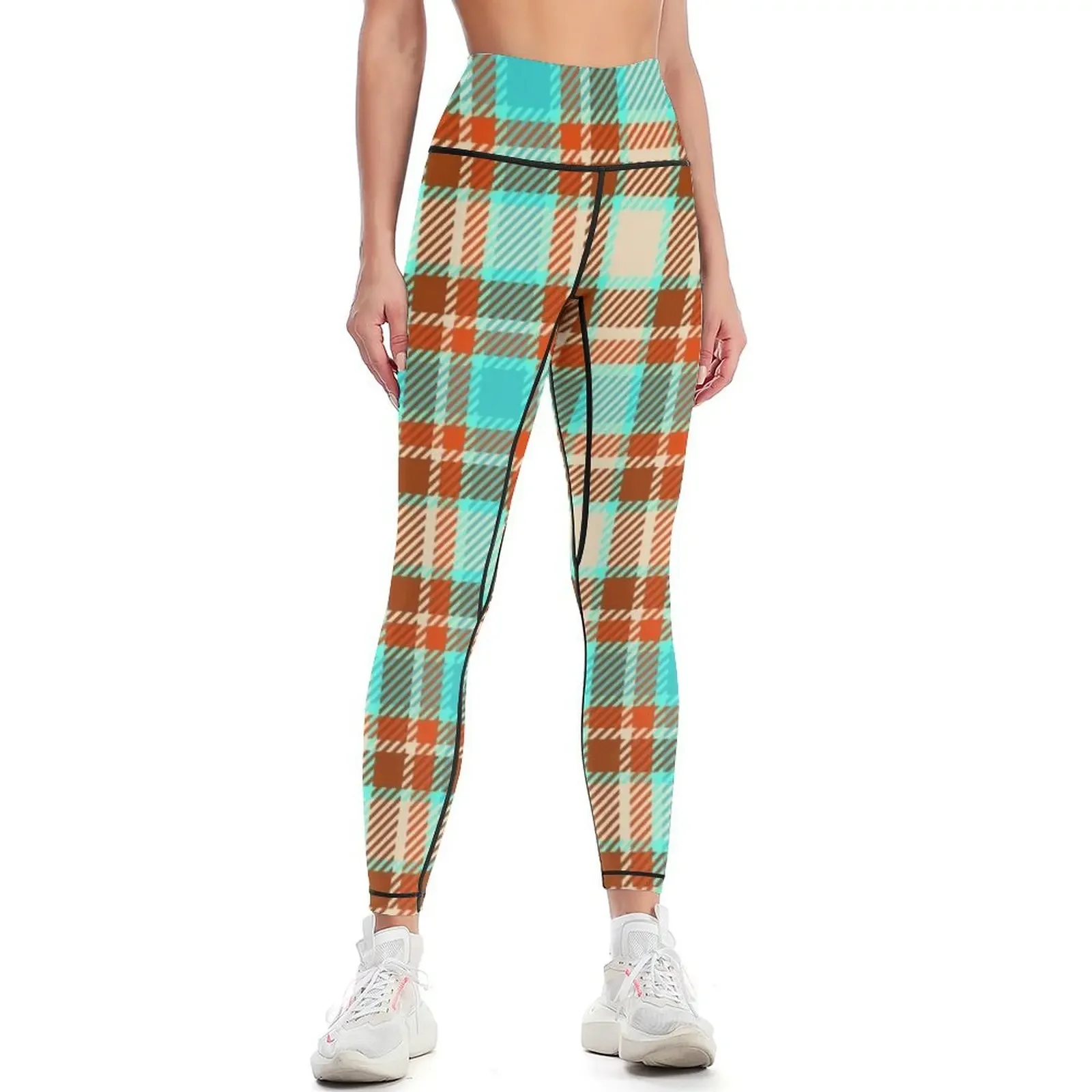 

Turquoise, yellow, orange and red tartan plaid pattern Leggings sports for Sweatpants push up fitness Womens Leggings