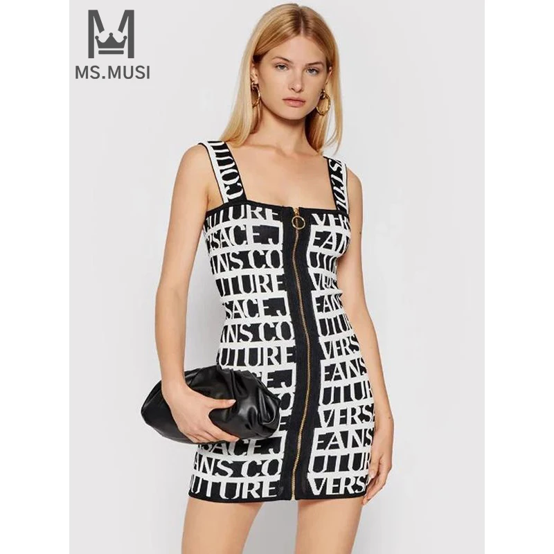 MSMUSI 2024 New Fashion Women Sexy Letter Jacquard Weave Strap Sleeveless Zipper Bandage Party Club Bodycon Event Mini Dress