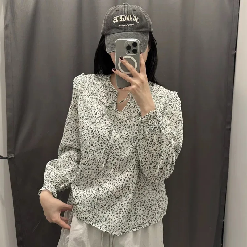 Spring Summer 2026 Women's Floral Print Long Sleeve Thin Shirt Gathered Casual Top Vintage Versatile Commute Style Loose Fit