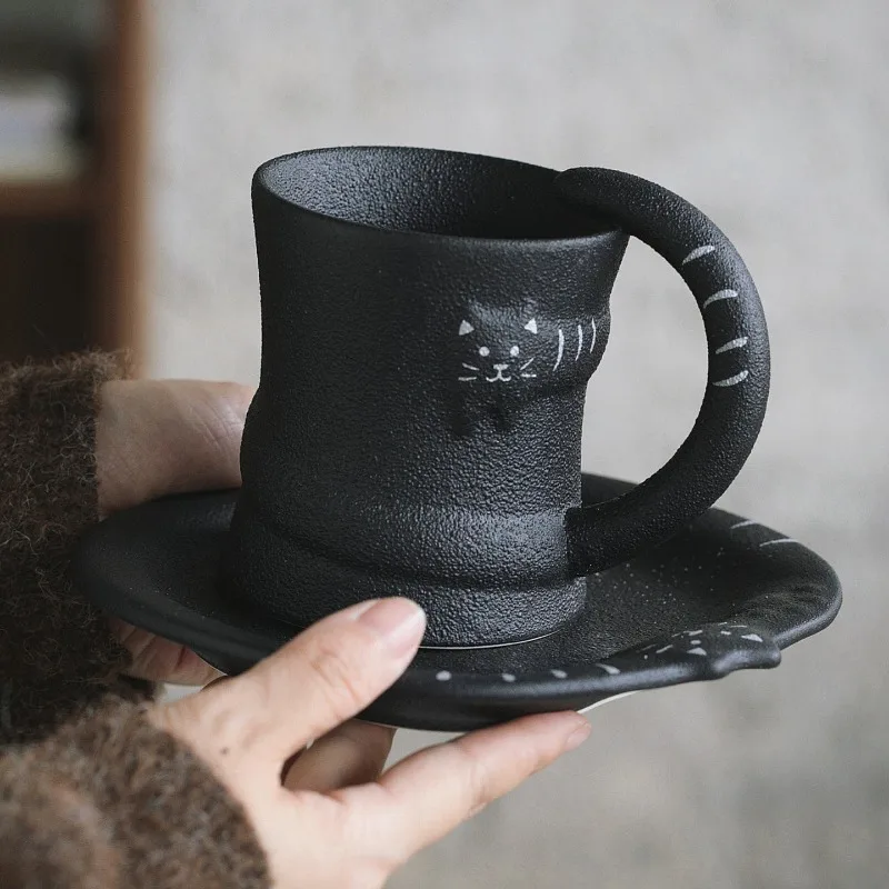 Cute Ceramic Coffee Cup with Plate Set Artistic Handmade Coffee Cups Creative Cartoon Black Matte Mug Luxury Elegant Cups