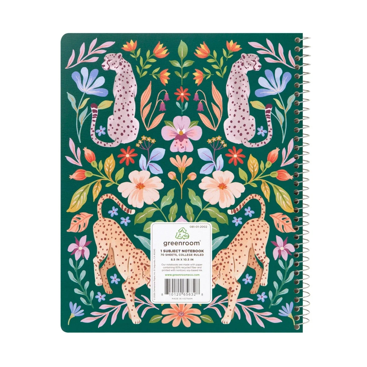 

70 college Notebook Green 70 college-ruled pages Page Size is 8.5"x 10.5" 3-hole-punched pages Micro-perforated Spiral Binding 60% Recycled