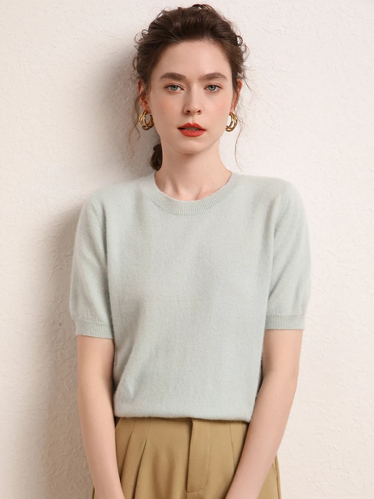 ADDONEE, camiseta de Cachemira para mujer, jersey de manga corta con cuello redondo, suéter para primavera y verano, 100% de punto de Cachemira,