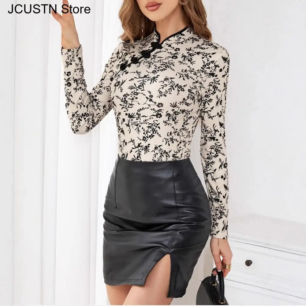 2025 Summer New Cheongsam Top Women Elegant Print Qipao Shirt Sexy Long Sleeve Blouse Vintage Chinese Style Button Donw Tops