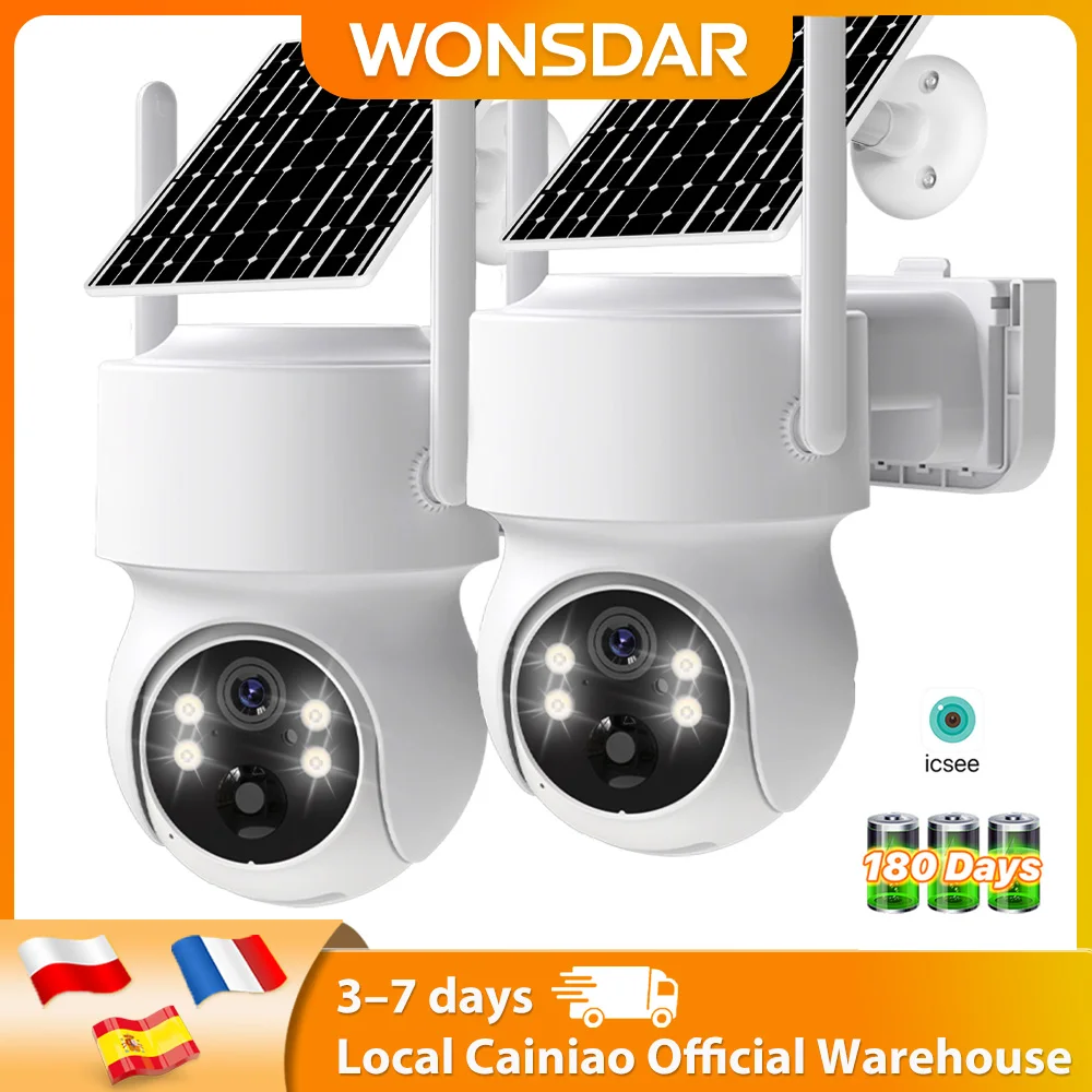 WONSDAR 2Pcs Wireless Solar IP Camera HD Outdoor Built-in Battery WiFi PTZ Camera Video Surveillance Camera Long Time Standby