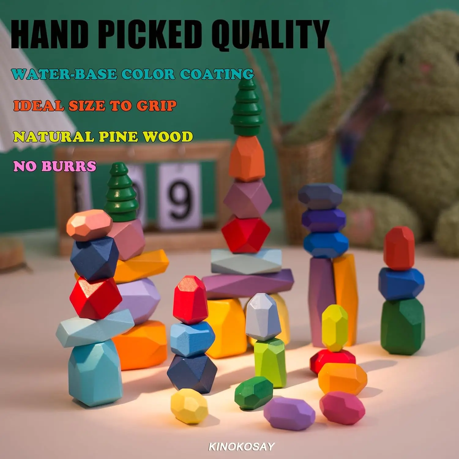 38 PCS Wooden Sorting Stacking Stones Rock Colorful Montessori Balancing Blocks Educational Learning Sensory STEM Toy for Kids 3