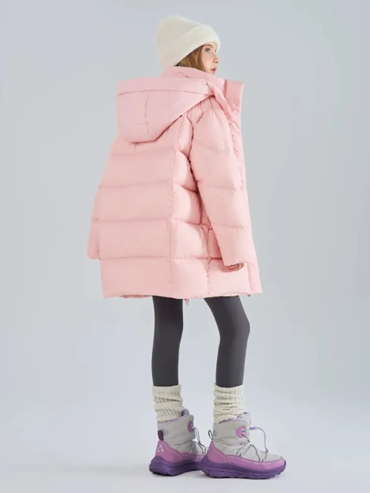 Mädchen Winter Kapuzen-Pufferjacke, mittellange, dicke, warme Daunenjacke für Kinder, einfarbig, winddichte Oberbekleidung für ältere Mädchen, Schneemantel. – Detail 7