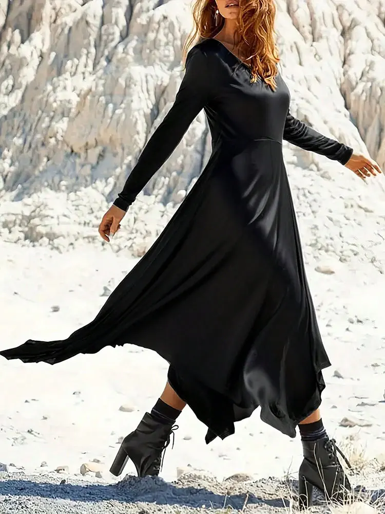 Nuevo vestido Retro negro con dobladillo asimétrico y manga larga con cuello en V para mujer, vestido largo elegante para fiesta, vestidos de noche ajustados para salir de graduación