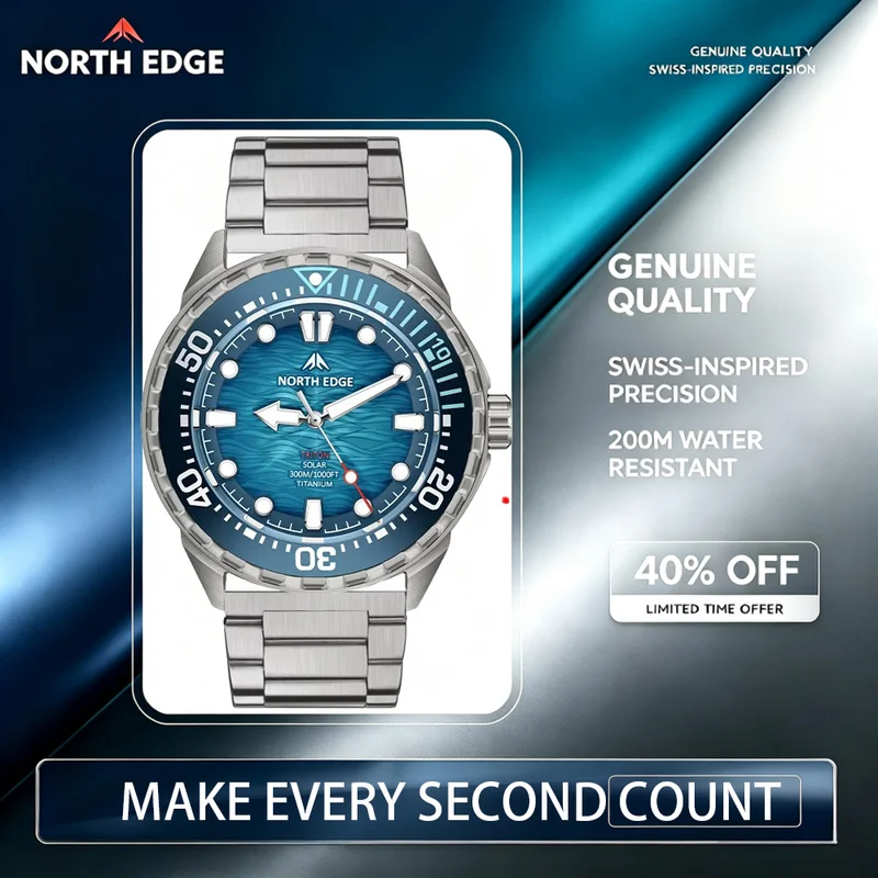 NORTH EDGE 2026 TRITON Solar Powered Men Dive Watch Luxury Quartz Wristwatch 316L Stainless Steel Case 300M Waterproof For Men
