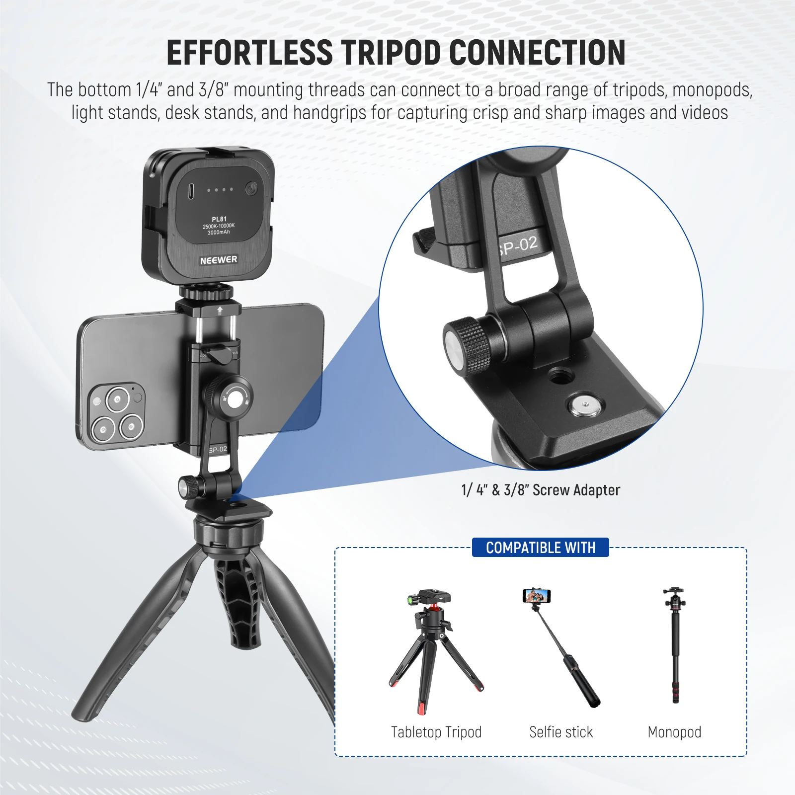 NEEWER Handy-Stativhalterungsadapter aus Metall mit Arca QR-Basis, Kaltschuh, 360° ° Wirbel 180 ° Neigung, Telefonhalter kompatibel mit iPhone – Detail 6