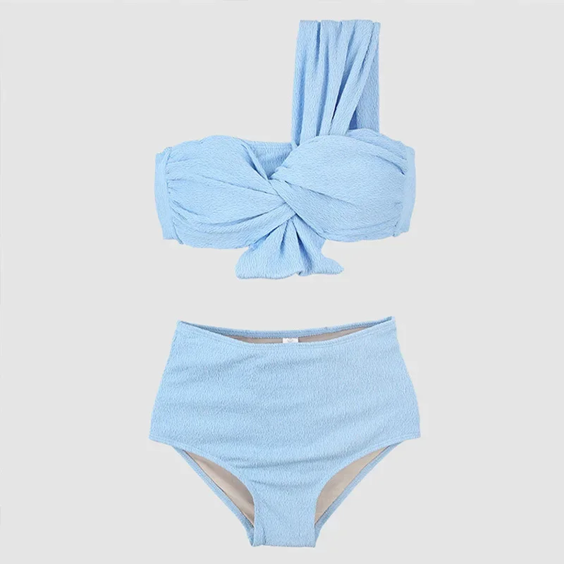 New Pink Bikinis Two Pieces Swimsuit Women Swimwear Beach One Shoulder Bathing Suits Korean High Waisted Bikini Set Pool 2024