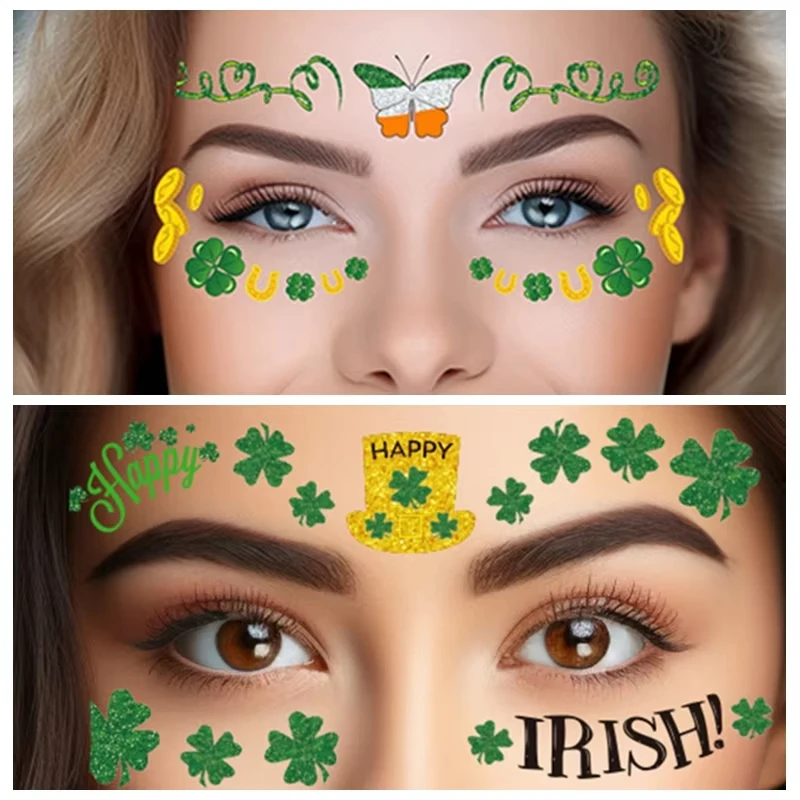 St Patrick\' s Day Shamrock Leaf Skin Tattoo Sticker Temporary & Waterproof Irish St Patricks Day Party False Tattoo Clover Coin