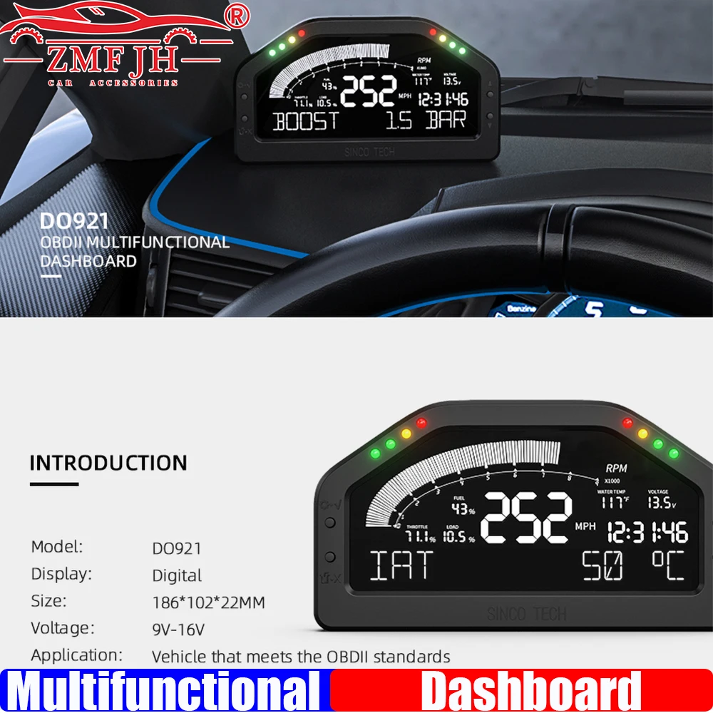 

ZMFJH MultiFunction Race Dash Panels LCD Display Dashboard OBD2 Bluetooth-compatible Connection 7 Colors Screen Racing Gauge 12V