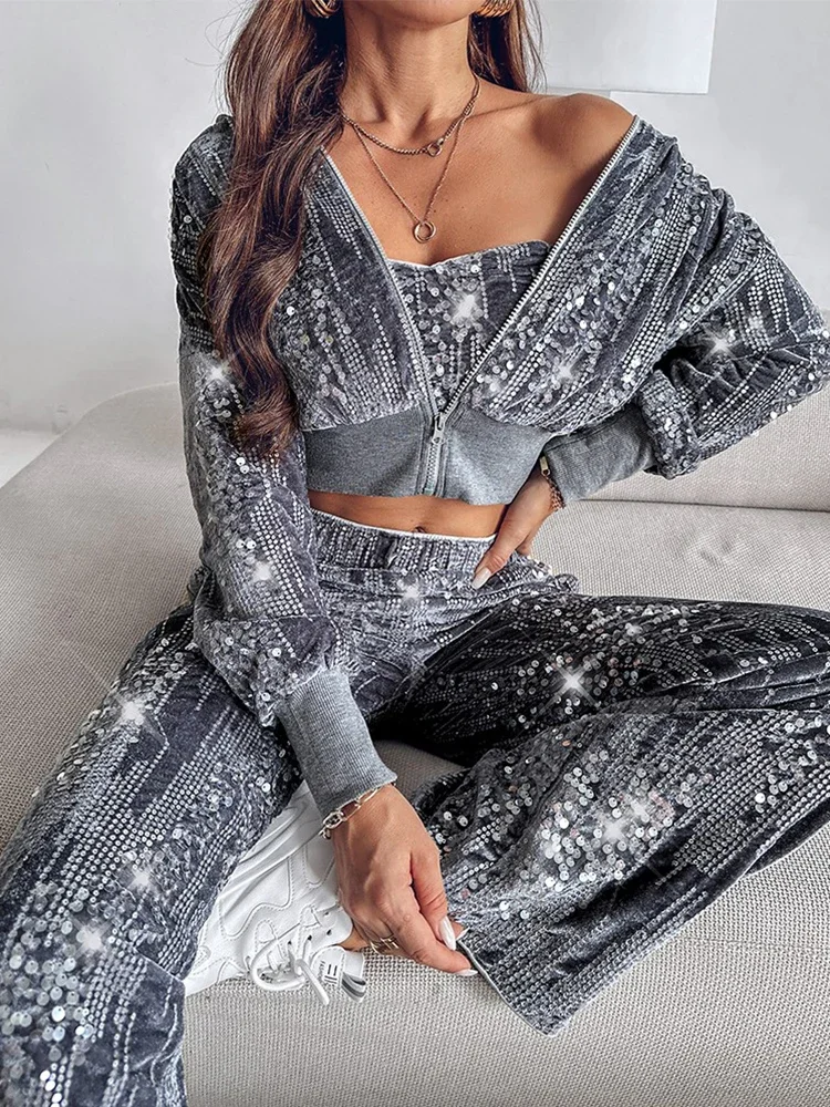 3PCS Velvet Contrast Sequin Bandeau Top & Pocket Design Pants Set with Hooded Sweatshirt