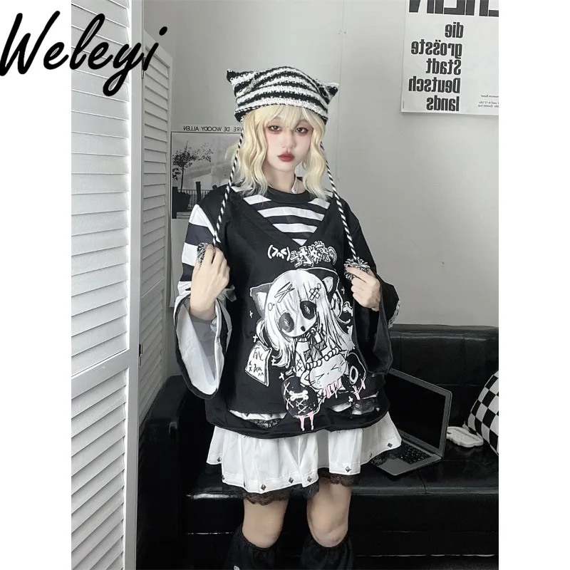 

Jirai Kei Gothic Tops Cute Women's Splicing Striped Printing Sweet Cool Animation Long Sleeved Fake Two Two Dimensional T-shirts