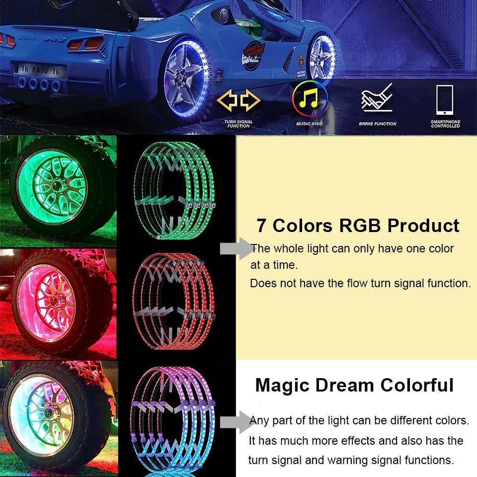 4pcs Magic Colourful Car Wheel Led Hub Light Auto SUV Ambient Styling Lamp with turn signal Brake Function APP Remote Sense 12V