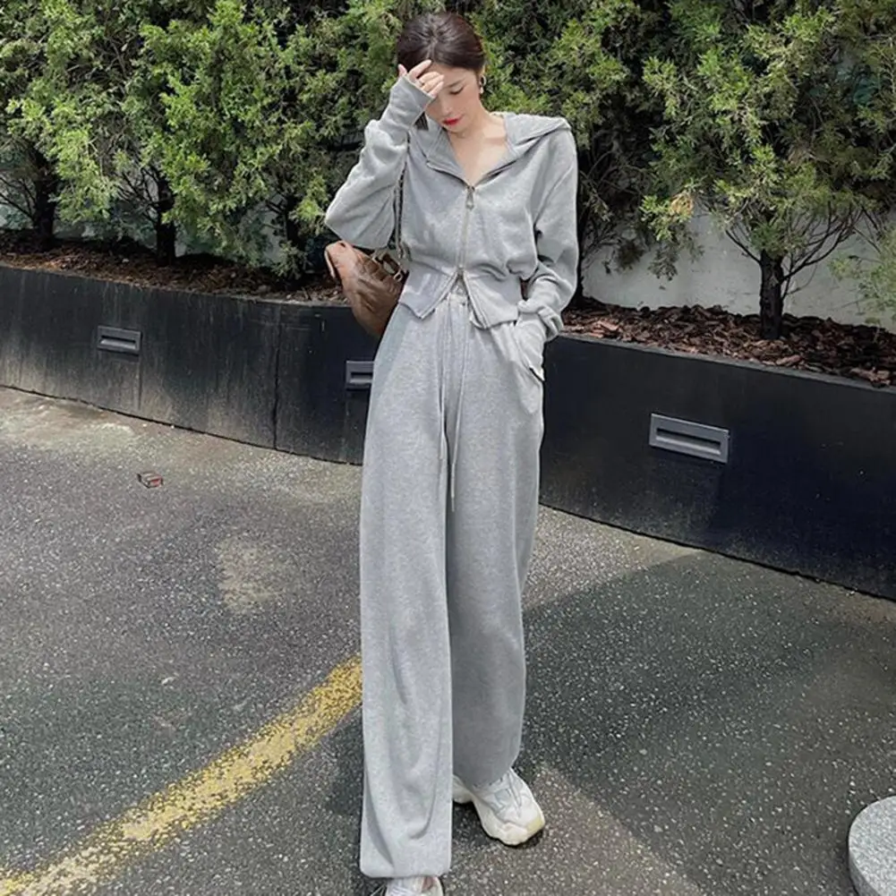 

2 Pcs/Set Stylish Autumn Tracksuit Hooded High Waist Women Coat Pants Set Deep Crotch Autumn Tracksuit