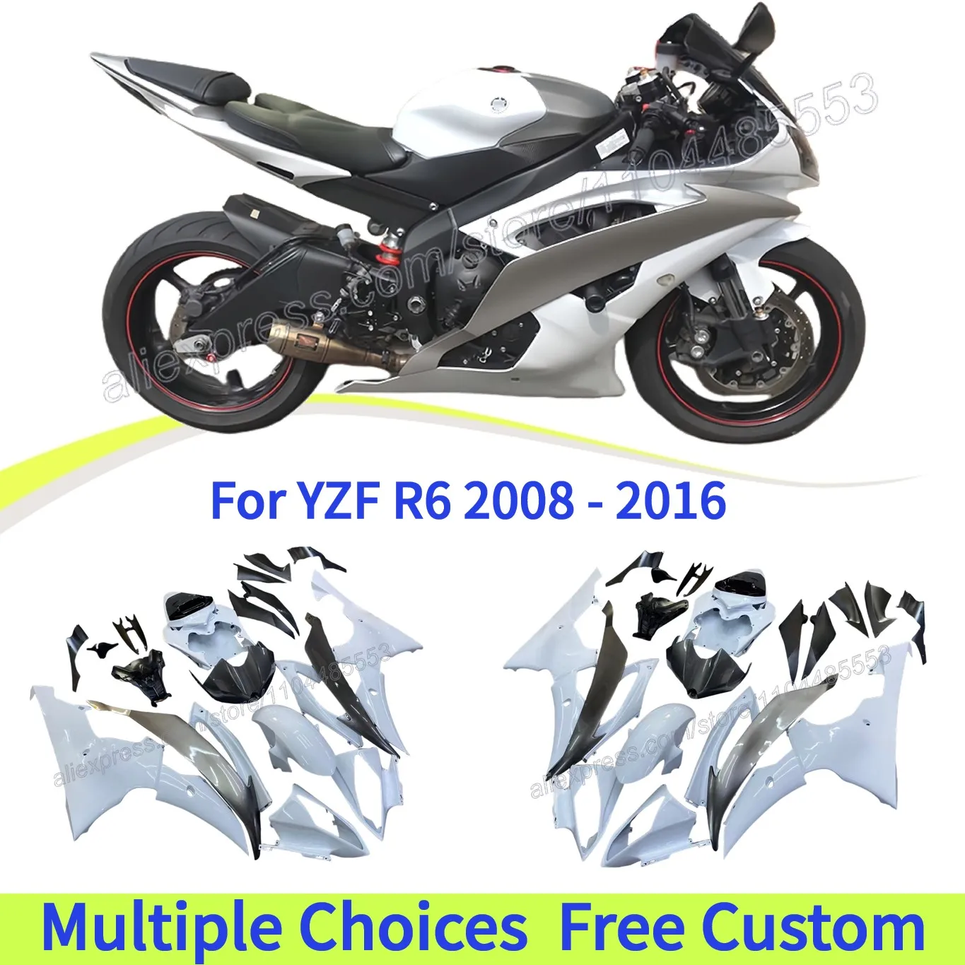 

Комплект обтекателя, подходящий для YAMAHA YZF R6 2008-2016 YZF-R6, запасная часть мотоцикла, обтекатель, белый, серый кузов