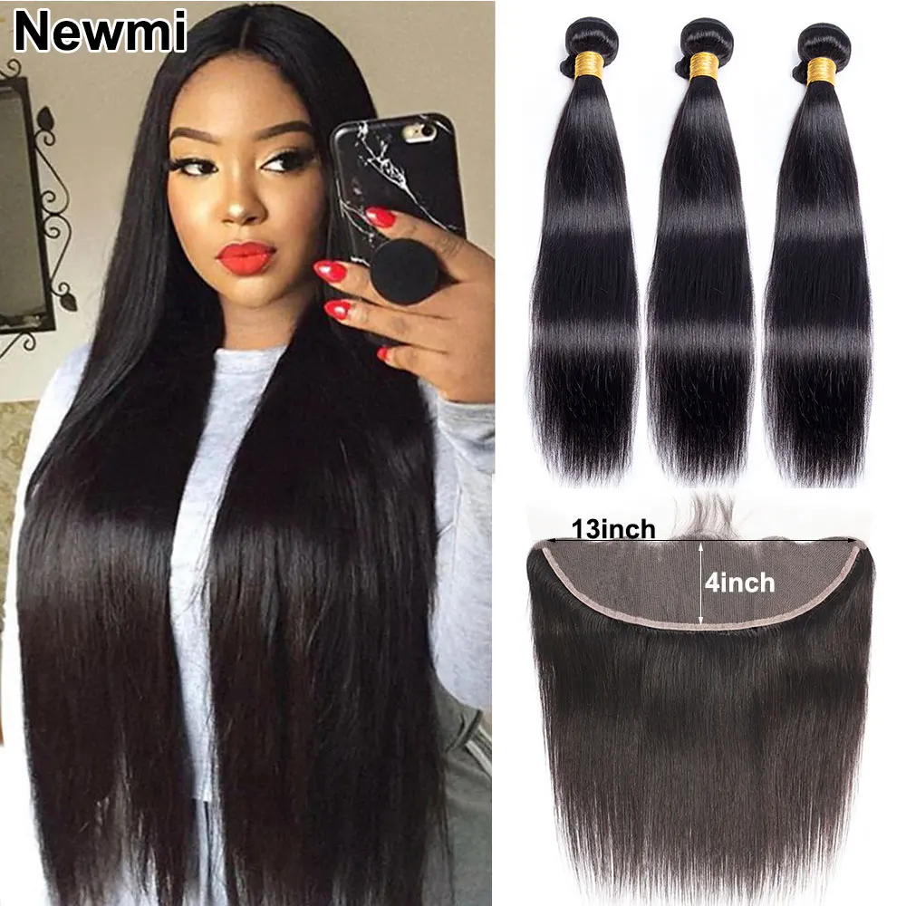 

30 Inch Straight Bundles Human Hair with Frontal Closure Newmi Straight Human Hair Bundles with 13x4 Transparent Lace Frontal