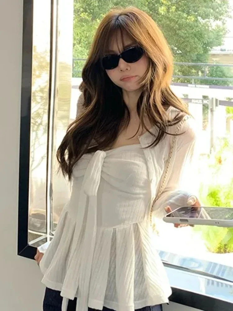 

Y2k White Long Sleeve Sun Protection Coat Women+ Sexy Slim Fit Ruched Bow Camisole Vest 2025 Summer New Two Piece Sets
