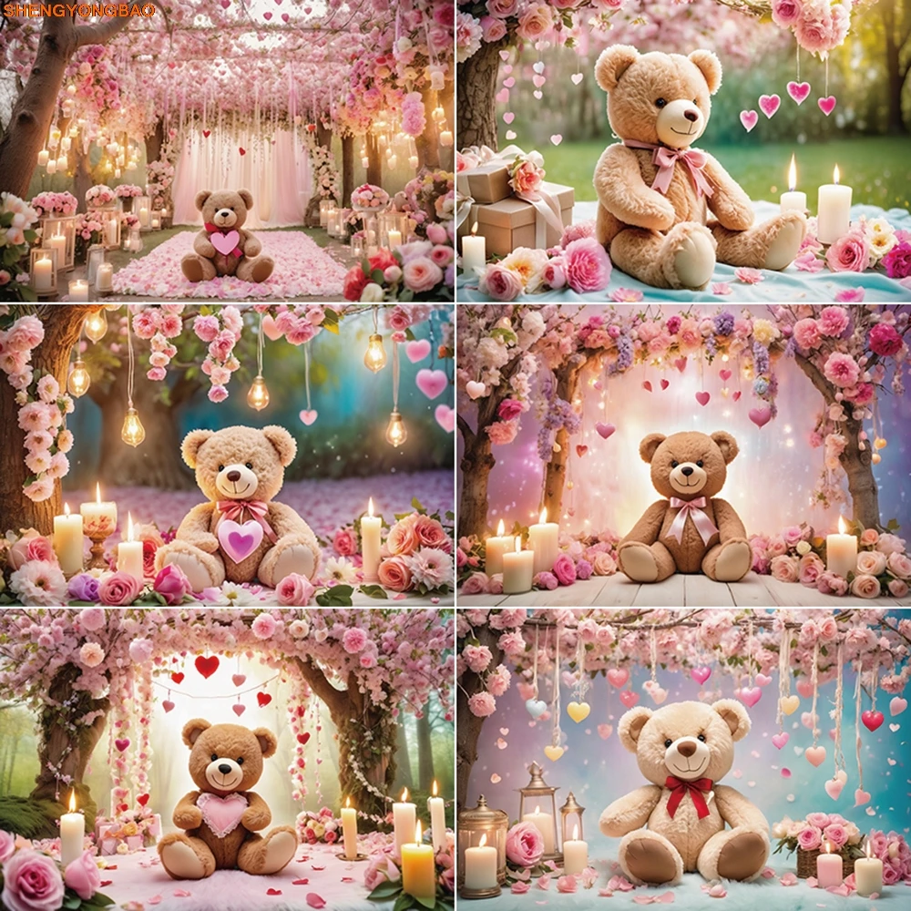 

Valentine'S Day Background Photography Teddy Bear Romantic Flower Photozone Backdrop Children Studio Photocall Supplies