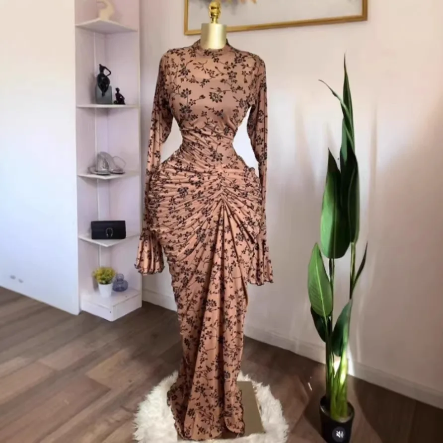 Chic 2026 INS Printed Long-sleeved Bodycon Dress Vestidos Women Pleated Sexy Perspective Long Dress 2 Pieces Including Inner Y2K
