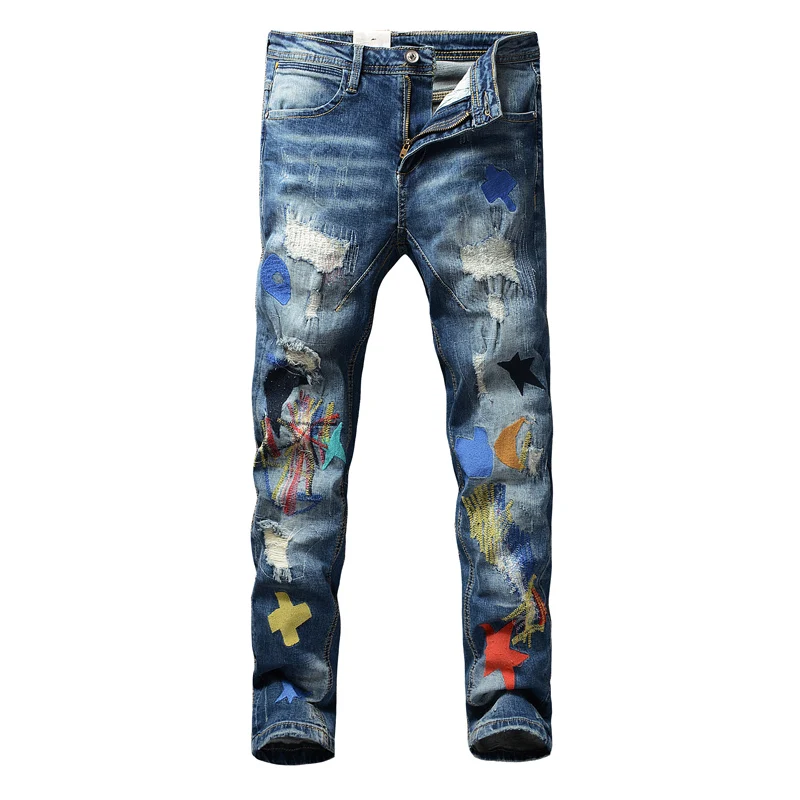 Streetwear Fashion Men Jeans Retro Blue Stretch Slim Fit Embroidery Ripped Jeans Men Patch Designer Hip Hop Denim Pants Hombre