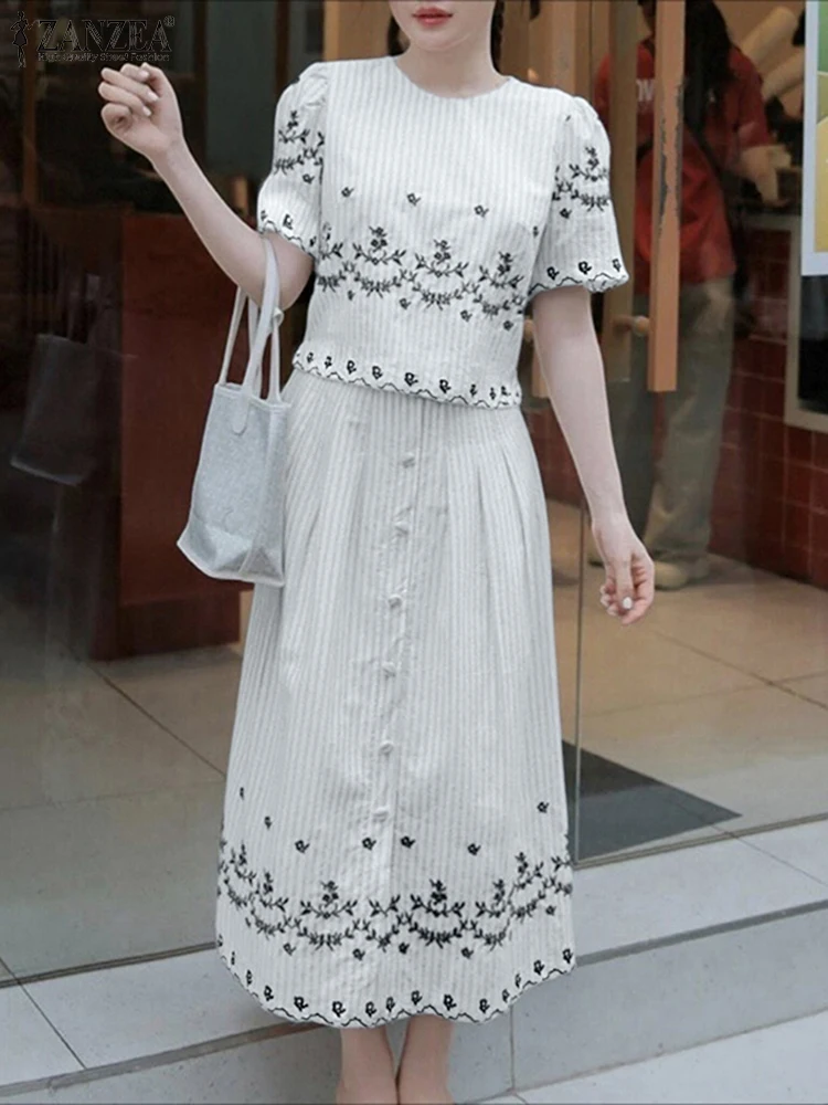 

2025 ZANZEA, винтажные комплекты из 2 предметов, женские модные полосатые платья с принтом, летние топы с короткими рукавами и длинные юбки, повседневные комплекты, наряды