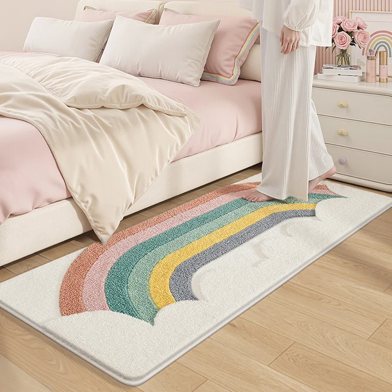 Boho Rainbow Long Carpet, Bedside Runner Rug, Home Decor Floor Mat, Absorbent Non Slip Bath Mat, 3D Plush Surface, Thick Tufted