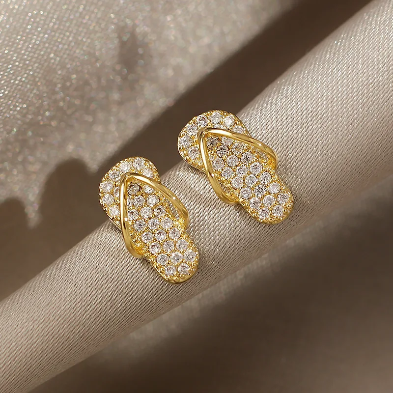 Cute Mini Shoes Slipper Zircon Stud Earrings For Women Luxury Gold Color Unusual Earrings Korean Fashion Party Jewelry