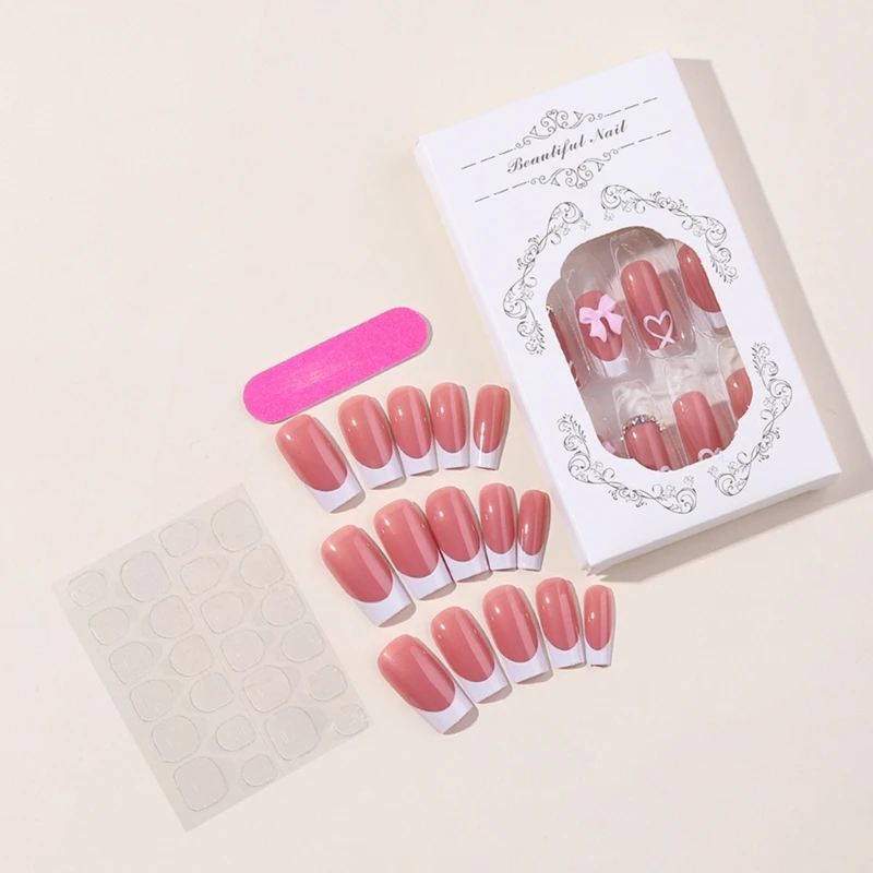 Uñas postizas medianas largas con moños elegantes, cubierta completa, nude brillante, cuadradas, acrílicas 2