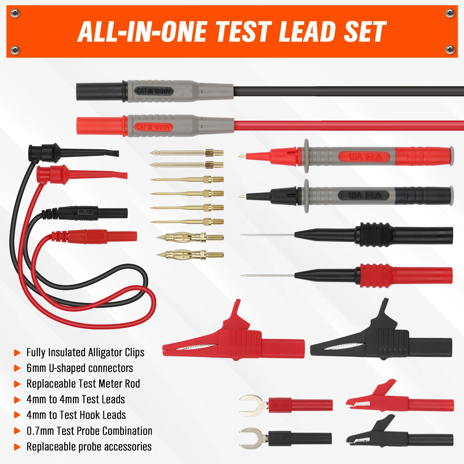 HORUSDY 27Pcs Multimeter Test Leads Set CAT III 1000V CAT IV 600V W/ Alligator Clips Needle Probes Replaceable PVC Tips