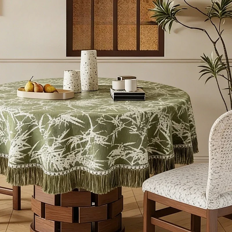 Dustproof Vintage Floral Jacquard Round Tablecloth with Tassels Retro Washable Dining Table Cloth Thicken Table Protect Cover