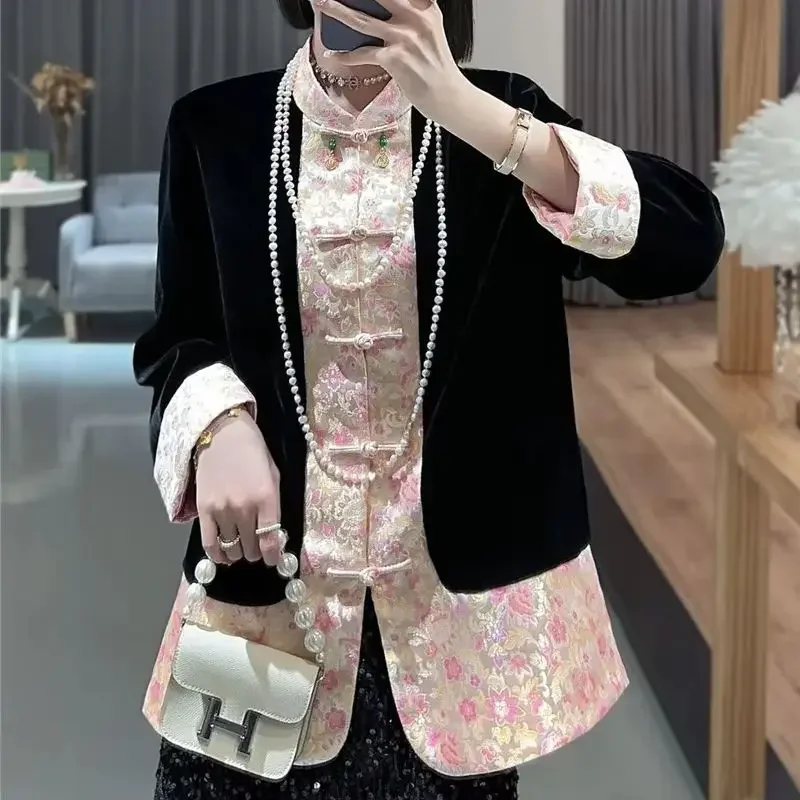 Winter Clothes Women Silk Velvet Patchwork Jacket Woman Brocade Flower Printed Contrasting Coat Loose Buckle Tops