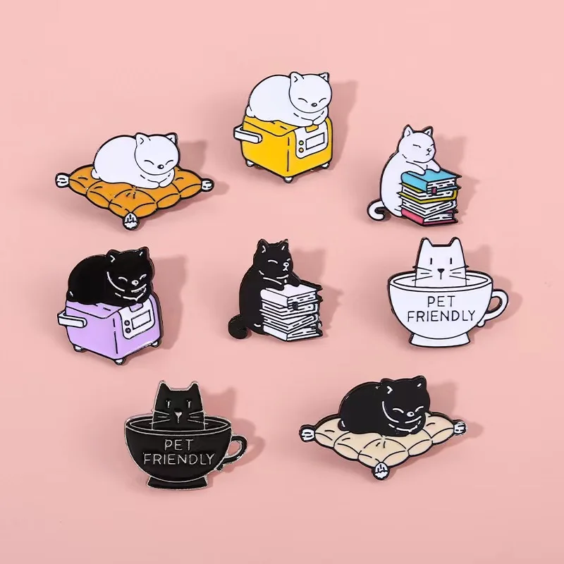 Naughty Cats Enamel Pins Custom Black Kitten Brooches Books Mug Lapel Badges Cartoon Animal Jewelry Gift for Friends Wholesale