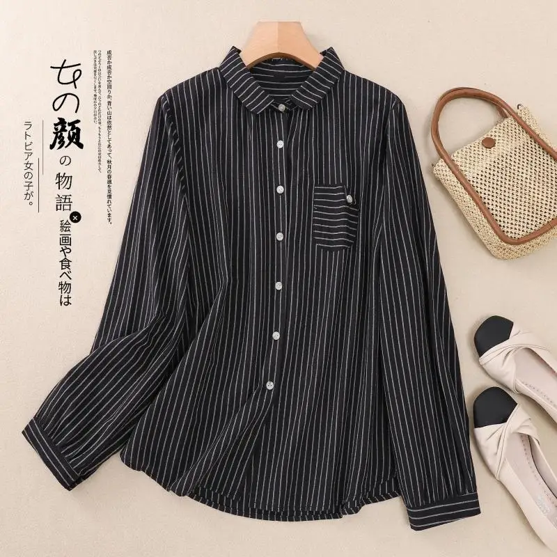 New Spring Autumn Women Long Sleeve Peter Pan Collar Casual Shirts Striped Cotton Linen Single Breasted Casual Blouse Female