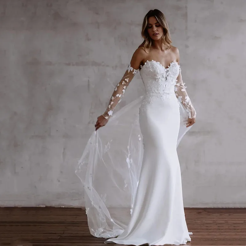 Elegante sereia cetim branco vestido de casamento sexy querida apliques formal plissado fora do ombro aberto botão traseiro personalizado