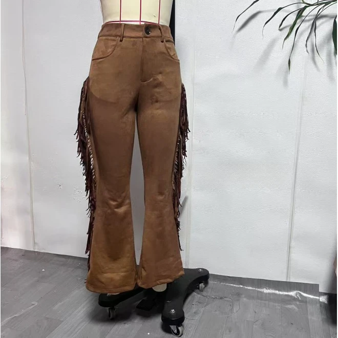 Women's Brown Stretch Flared Pants for Spring, Western-style Retro Trousers with Fringe Details. Available in Black, White, Red.