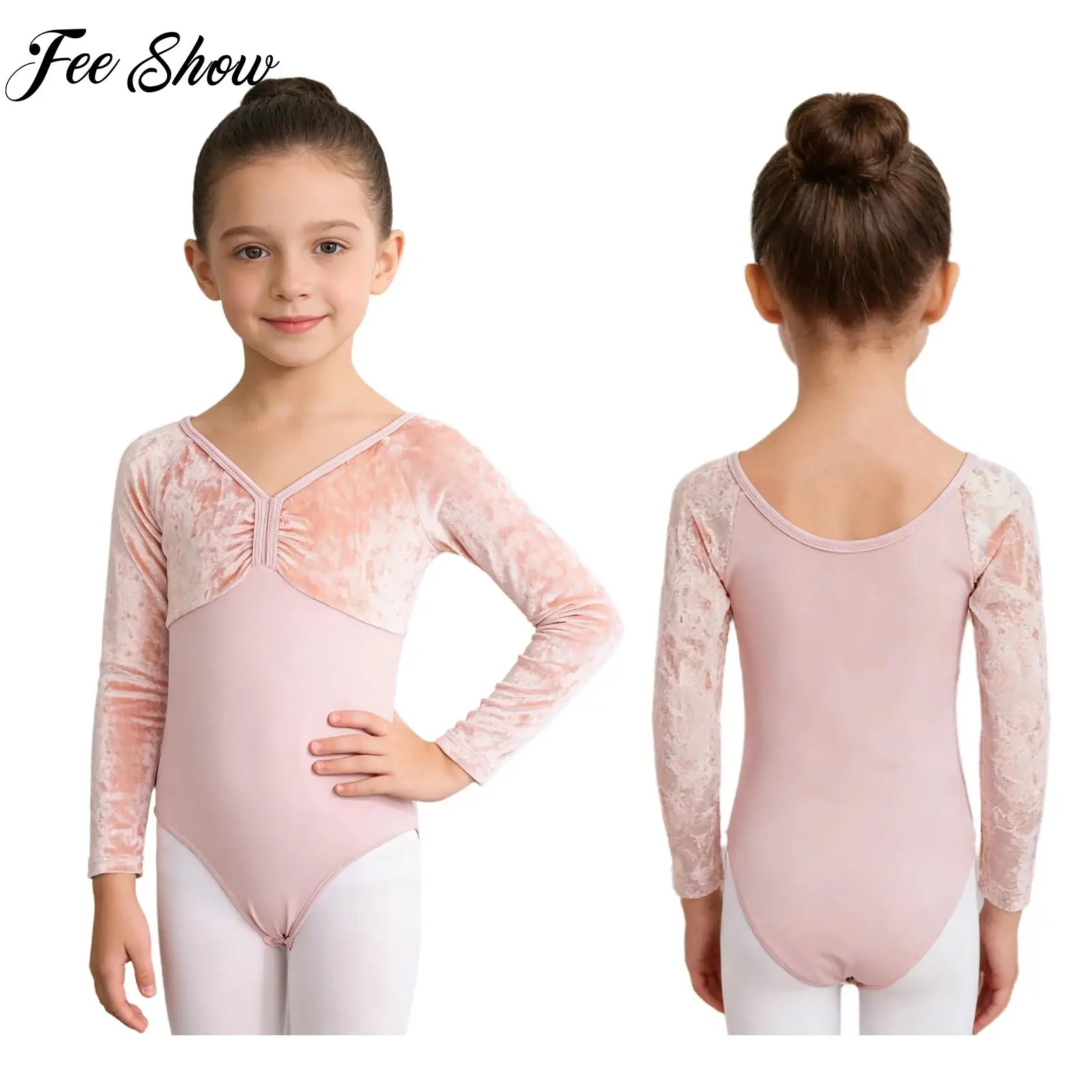 Girls Ballet Dancer Leotard Solid Color Long Sleeve Velvet Patchwork Bodysuit for Gymnastics Athletic Figure Skating Stage Party