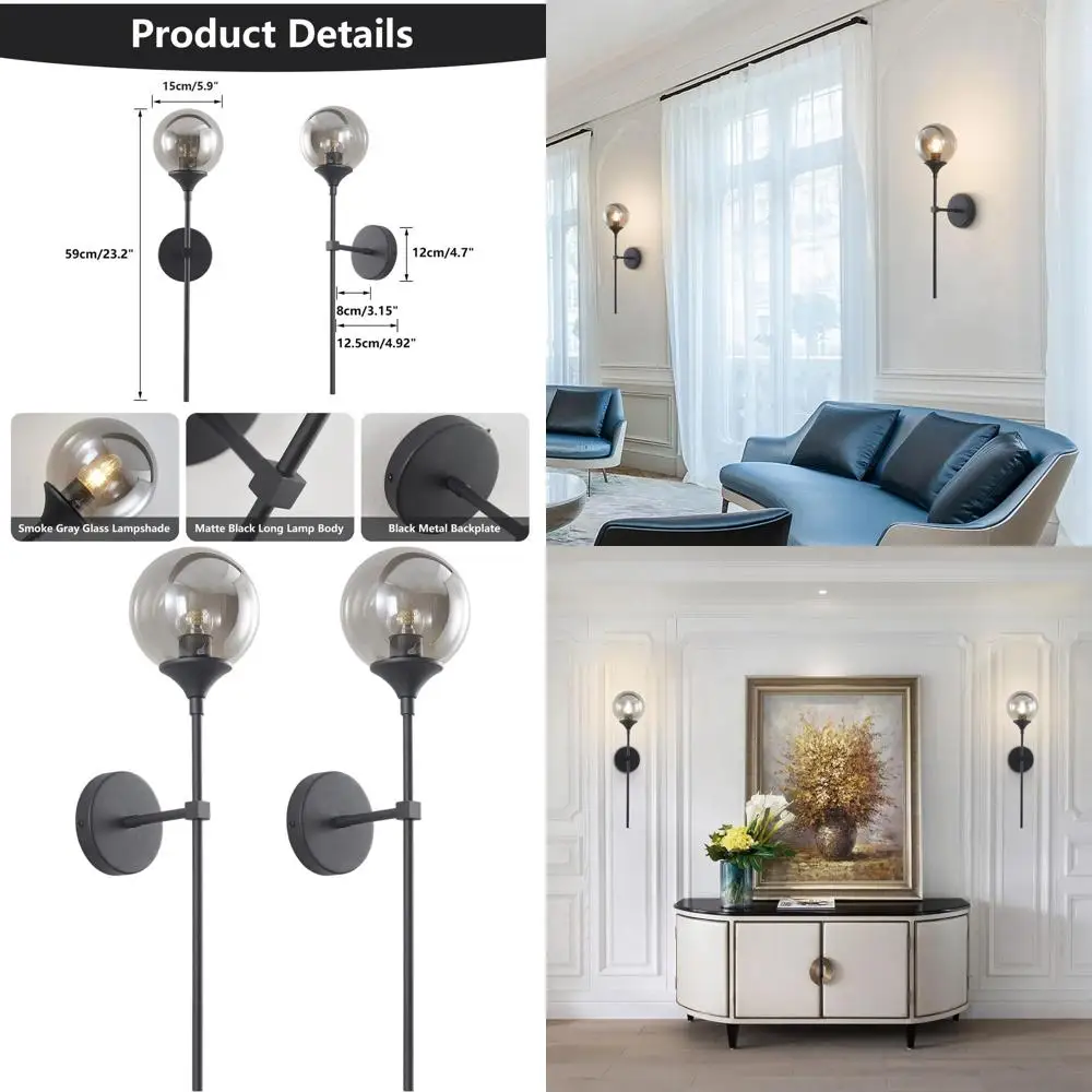 โคมไฟติดผนังสไตล์โมเดิร์นสีดำด้านแบบมิดเซ็นจูรี่ พร้อมกระจกสีเทาควันบุหรี่แบบวินเทจ สำหรับห้องน้ำหรือห้องนอน